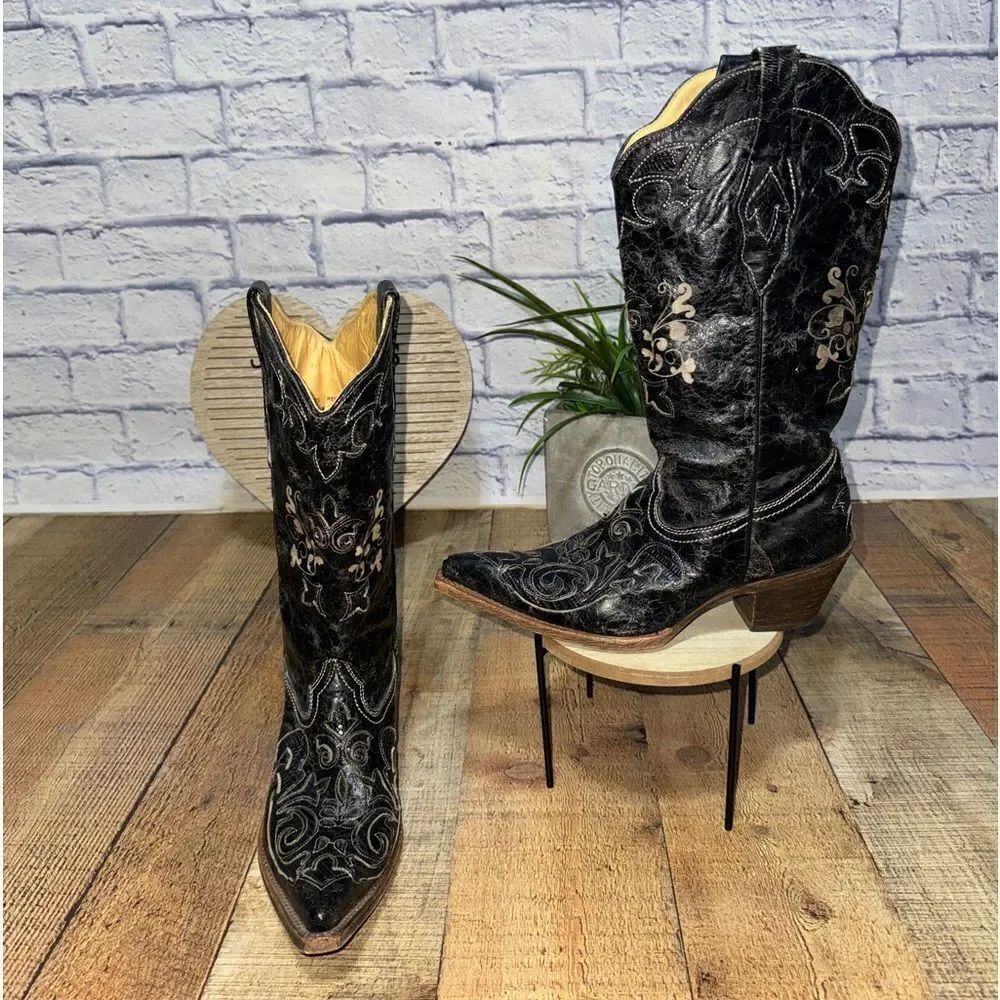 Corral lizard inlay western cowgirl boots pointed snip toe embroidered size 7.5W